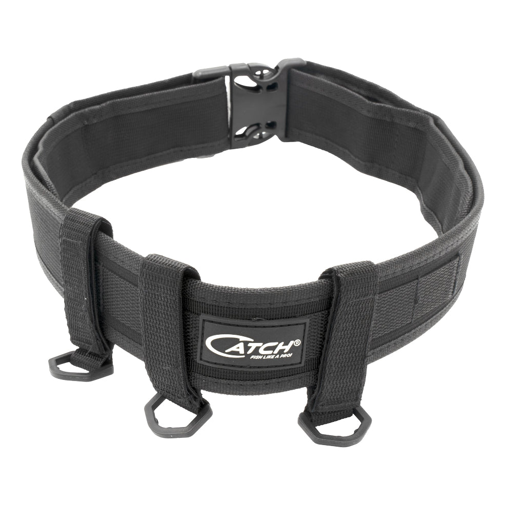Black fishing belt with a visible brand logo on a white background