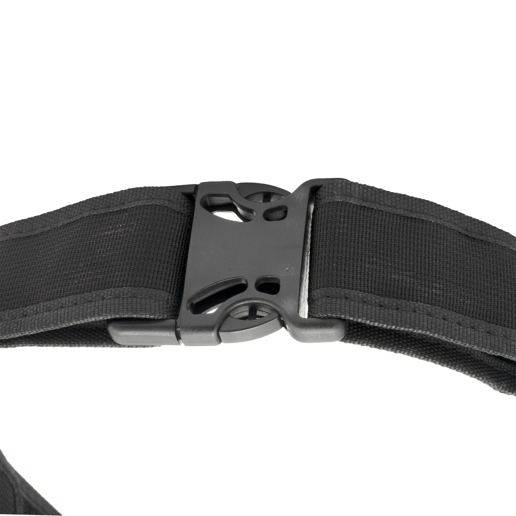 Black belt with a metal buckle on a white background