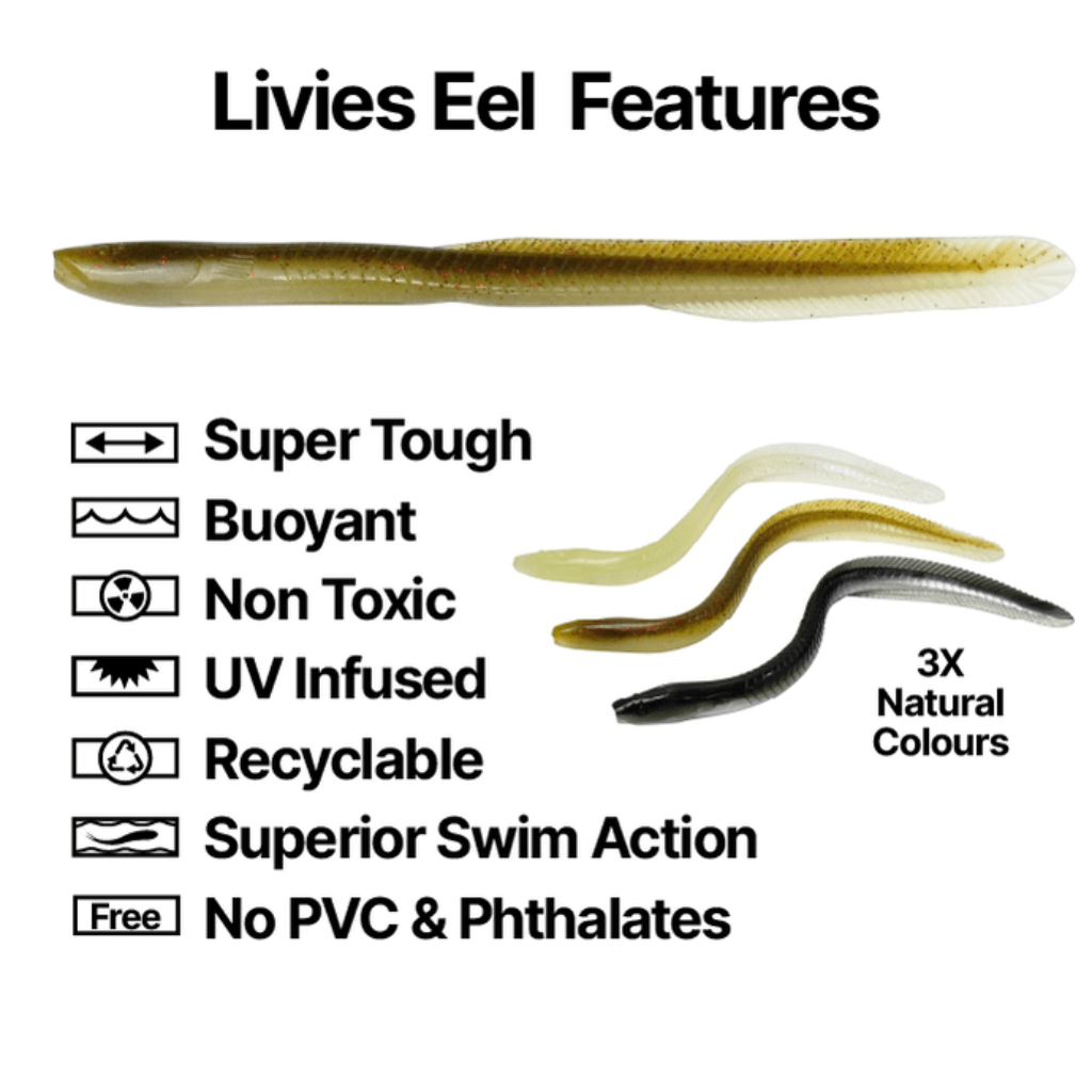 Livies Eel fishing lure with features listed on a white background