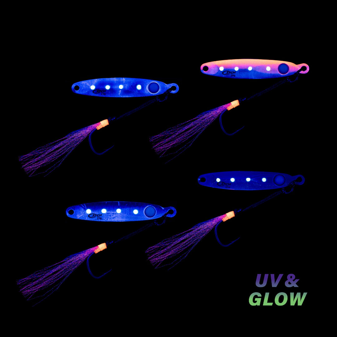 Glowing fishing lures on a black background with 'UV & Glow' text.