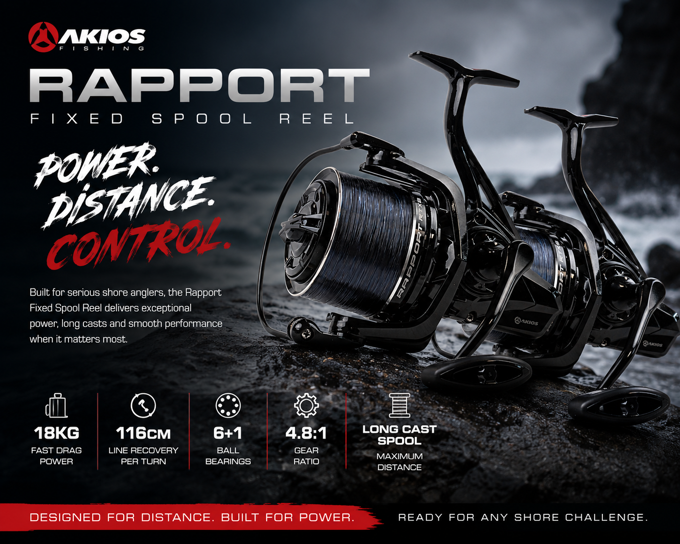A black Akios Raport fixed spool fishing reel shown prominently on a dark rocky background, with large marketing text and feature icons along the bottom. The reel is the product being sold, while the surrounding text and imagery are promotional graphic elements rather than a separate instruction or measurement chart.