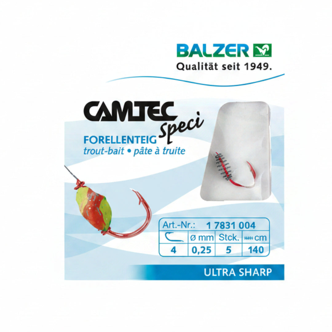 Balzer Camtec Speci Forellen-teig trout bait packaging graphic with a white hook, a green and orange bait lure, and a blue specification table on a light blue and white background.