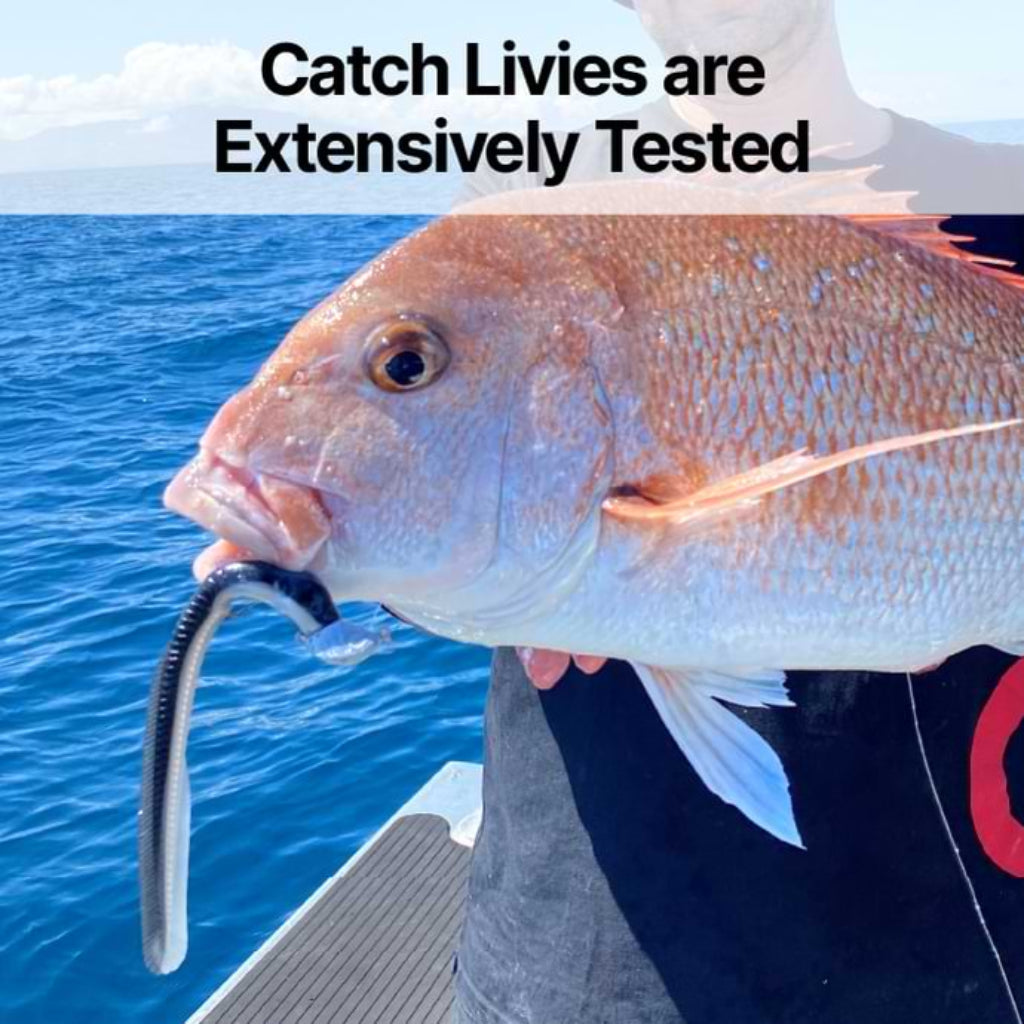 Person holding a large fish with a blue background and text 'Catch Livies are Extensively Tested'.