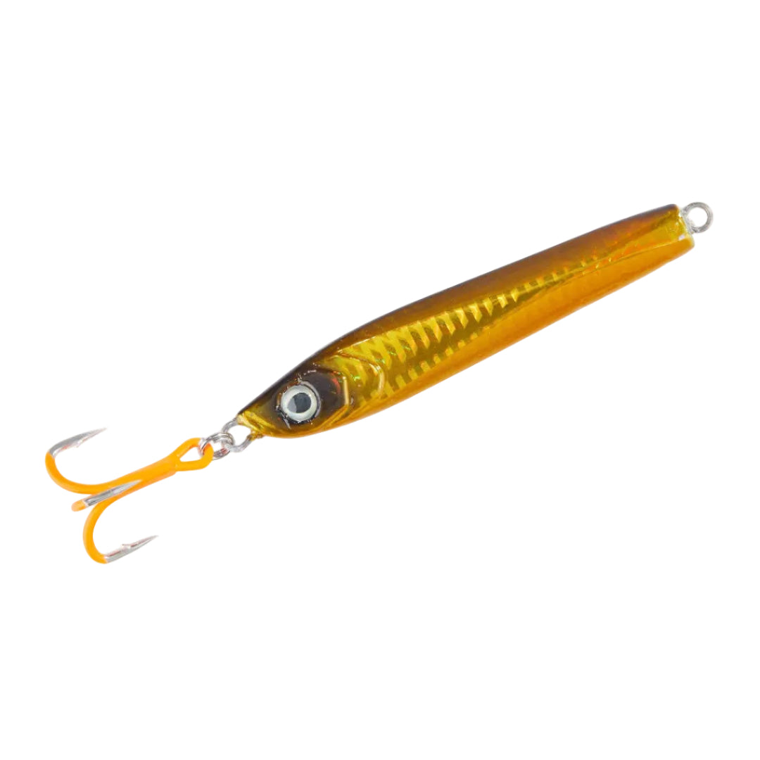 A metallic gold and amber fishing lure with a realistic eye and two orange-tipped treble hooks, shown on a solid white background.