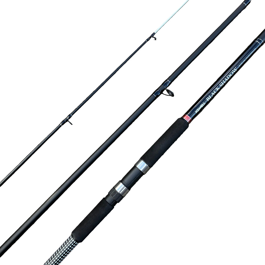 Fishing rod with black and silver components on a white background