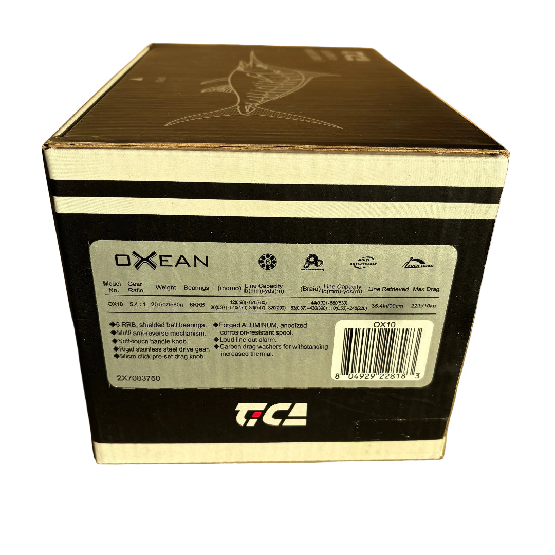tica oxean ox10 lever drag reel side retail box shot