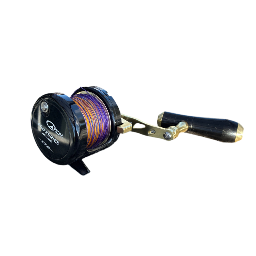 Fishing reel with spool on a white background