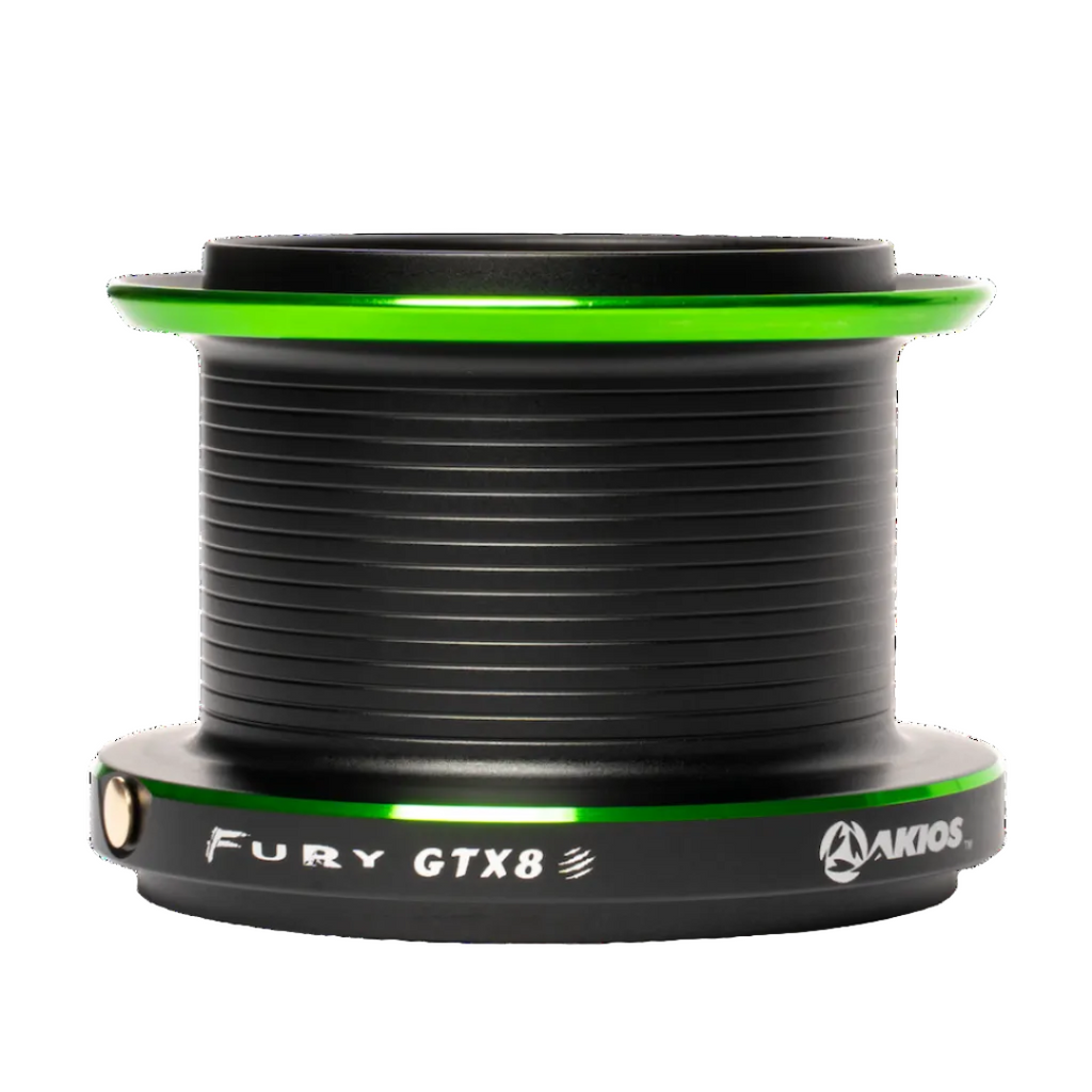Black and green fishing reel with 'Fury GTX8' and 'Akios' branding on a white background