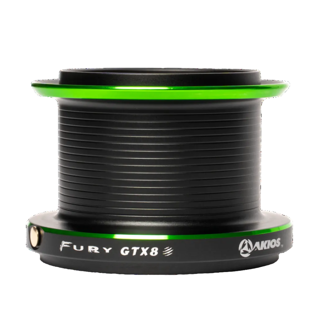 Black and green fishing reel with 'Fury GTX8' and 'Akios' branding on a white background