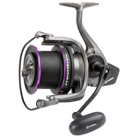 Fishing reel with purple spool on a white background