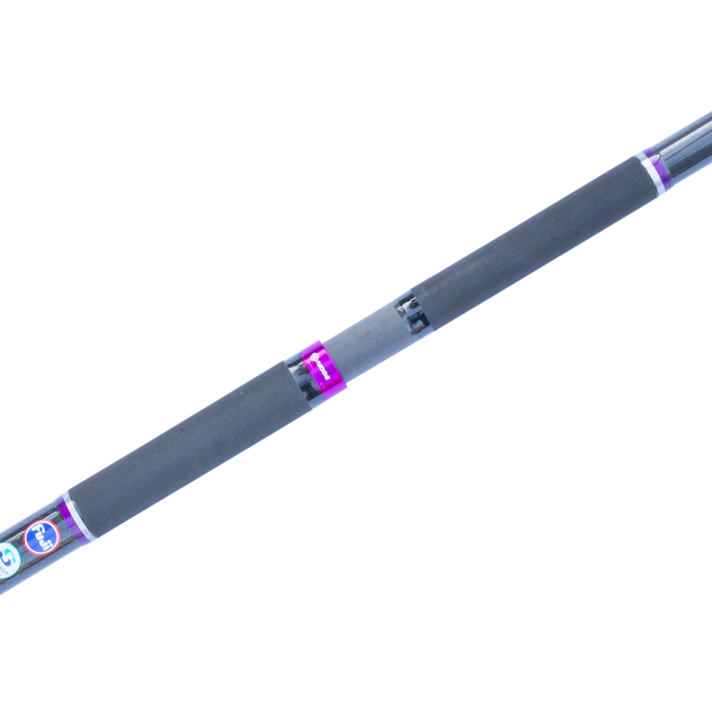 Gray fishing rod with purple and blue accents on a white background