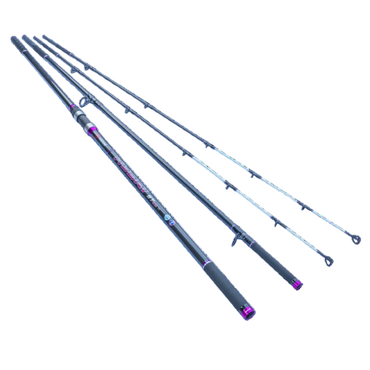 3 piece fishing rodand and power tip with purple accents on a white background