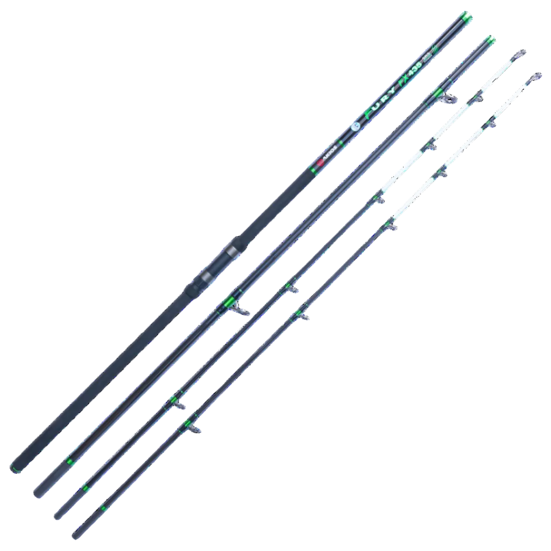 Fishing rods with green and red accents on a white background