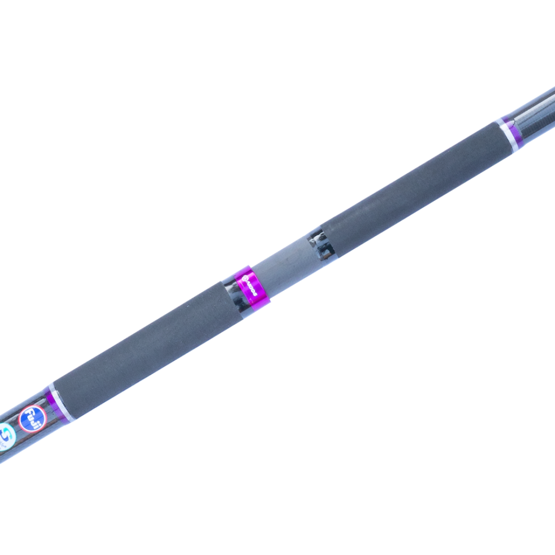 Gray fishing rod with purple and blue accents on a white background
