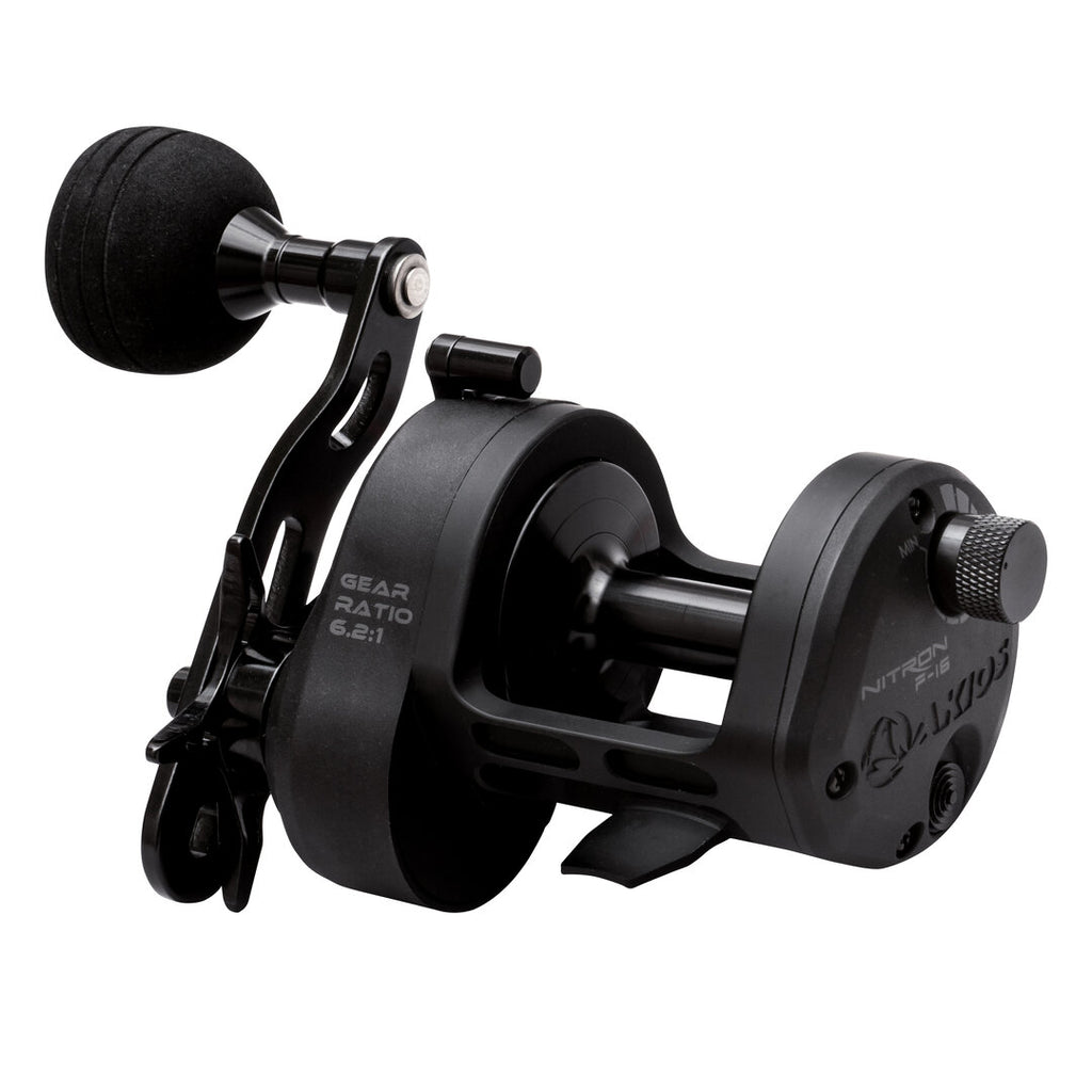 akios nitron f-16 overhead surf reel from side