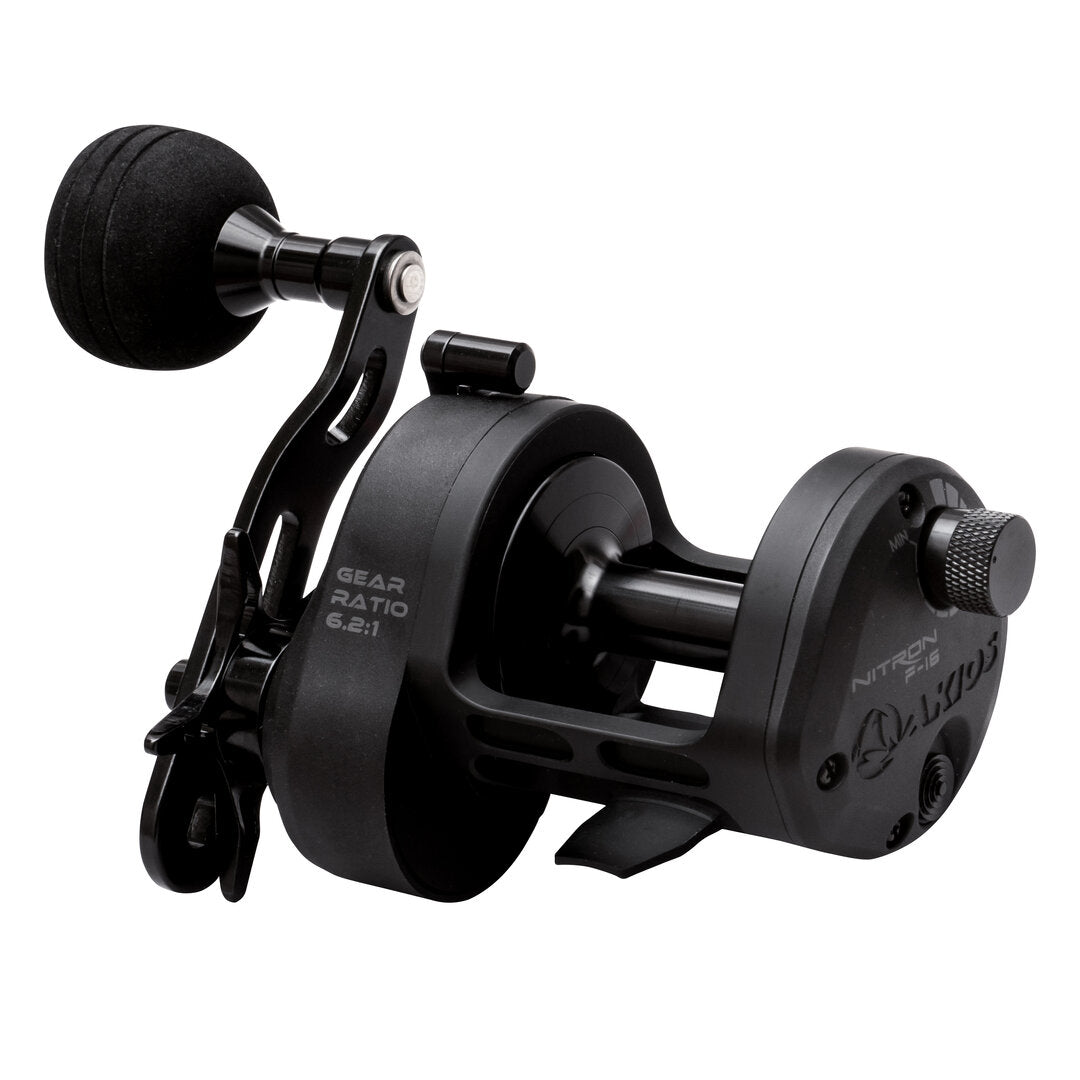akios nitron f-16 overhead surf reel from side