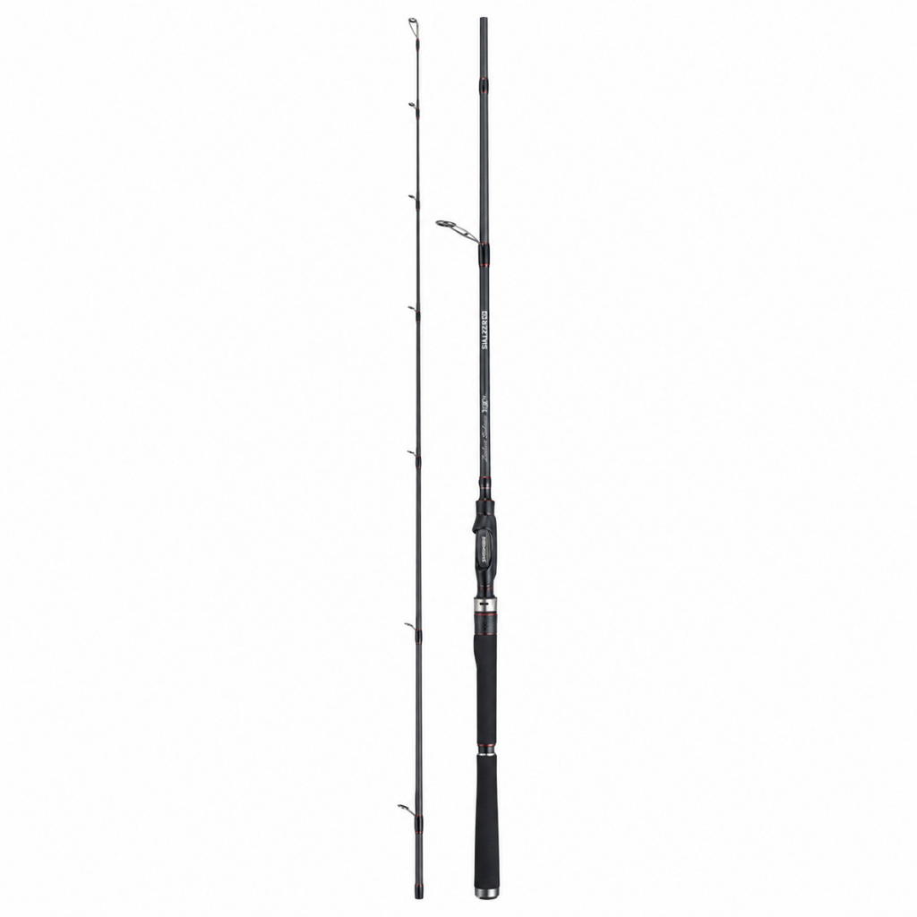 A black and gray fishing rod shown in two views against a plain white background, one view displaying the full length of the rod with line guides, and the other showing a close-up of the handle and reel area.