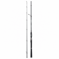 A black and gray fishing rod shown in two views against a plain white background, one view displaying the full length of the rod with line guides, and the other showing a close-up of the handle and reel area.