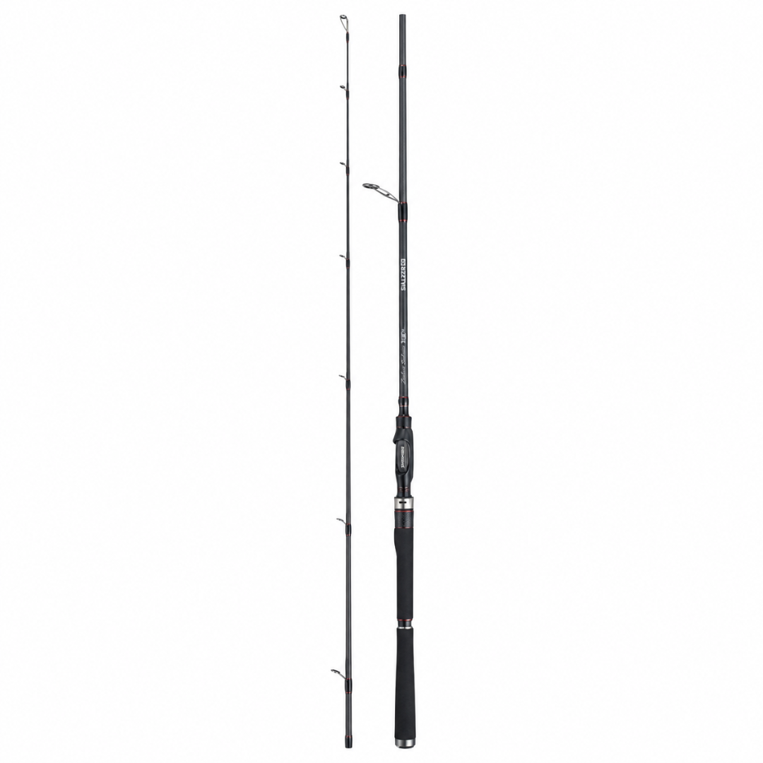 A black and gray fishing rod shown in two views against a plain white background, one view displaying the full length of the rod with line guides, and the other showing a close-up of the handle and reel area.