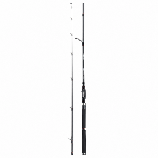 A black and gray fishing rod shown in two views against a plain white background, one view displaying the full length of the rod with line guides, and the other showing a close-up of the handle and reel area.