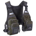 Green and gray tactical vest with multiple pockets and straps on a white background