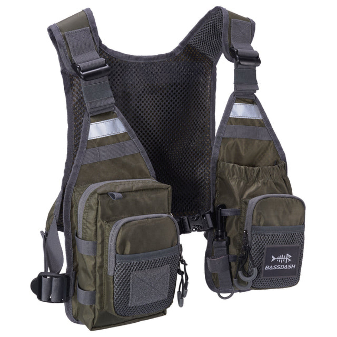Green and gray tactical vest with multiple pockets and straps on a white background