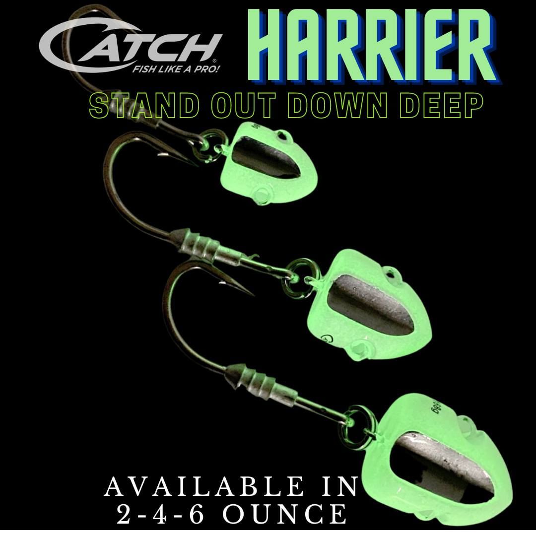 Green fishing lures with weights on a black background, featuring the brand 'Catch'.