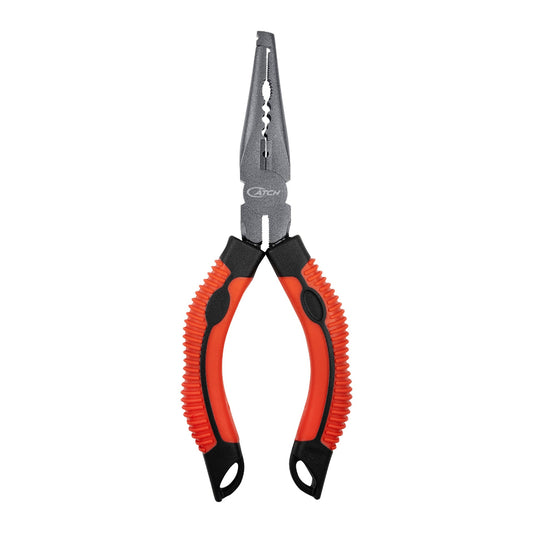 Pair of fishing pliers with red and black handles on a white background