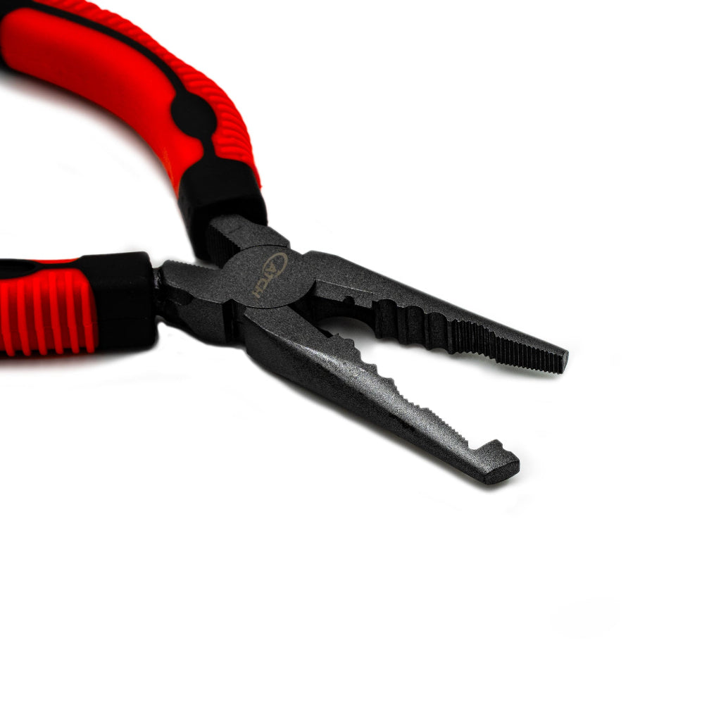 Pair of pliers with red and black handles on a white background