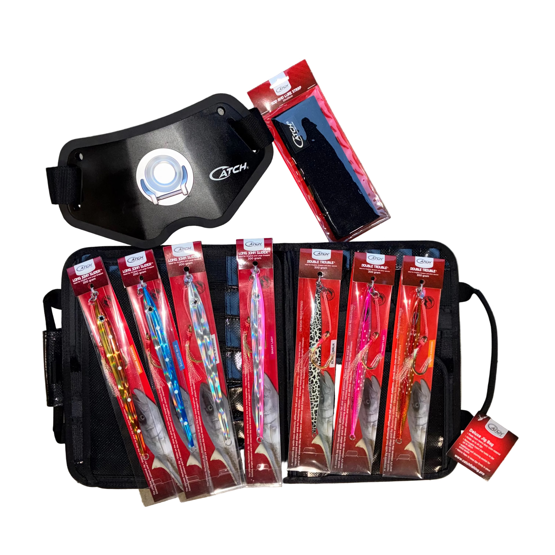 Fishing lures in packaging with a black carrying case on a concrete surface