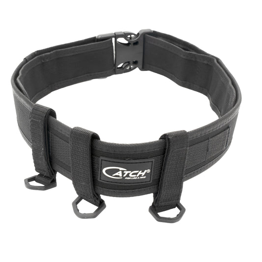 Black fishing belt with a visible brand logo on a white background