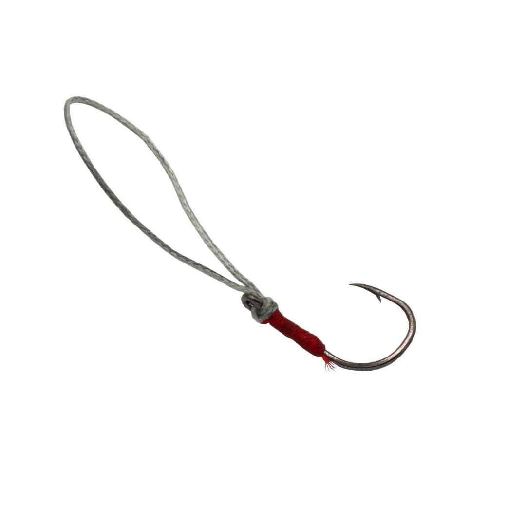 Fishing hook with a red line on a white background