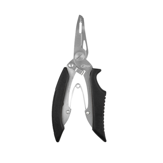 Fishing pliers with black and silver design on a white background