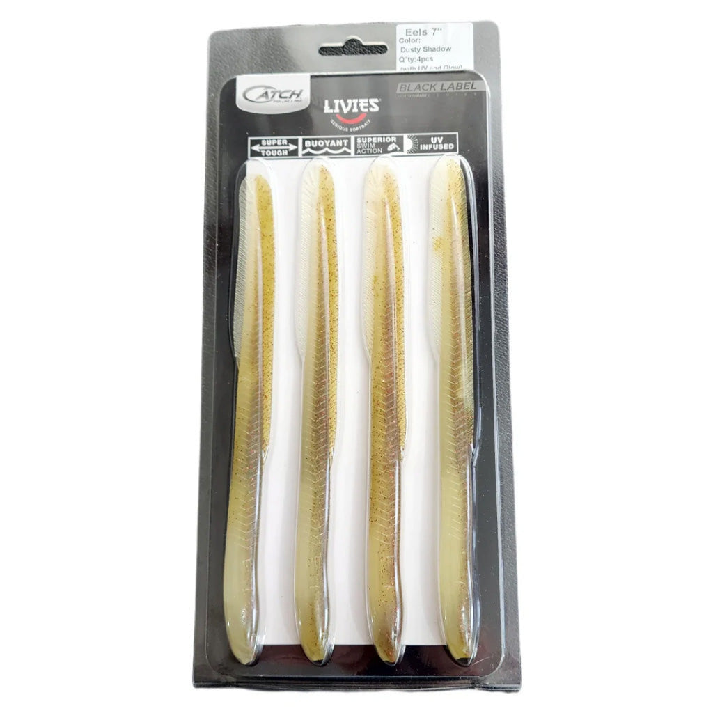 Catch Black Label Livies Eels Dusty Shadow 7 inch softbait 4 pack
