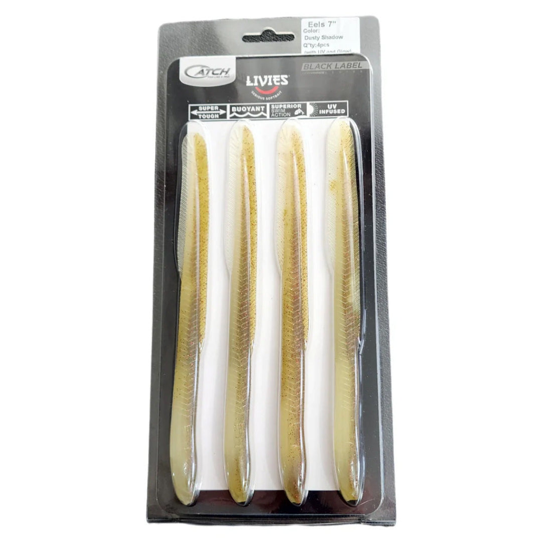 Catch Black Label Livies Eels Dusty Shadow 7 inch softbait 4 pack