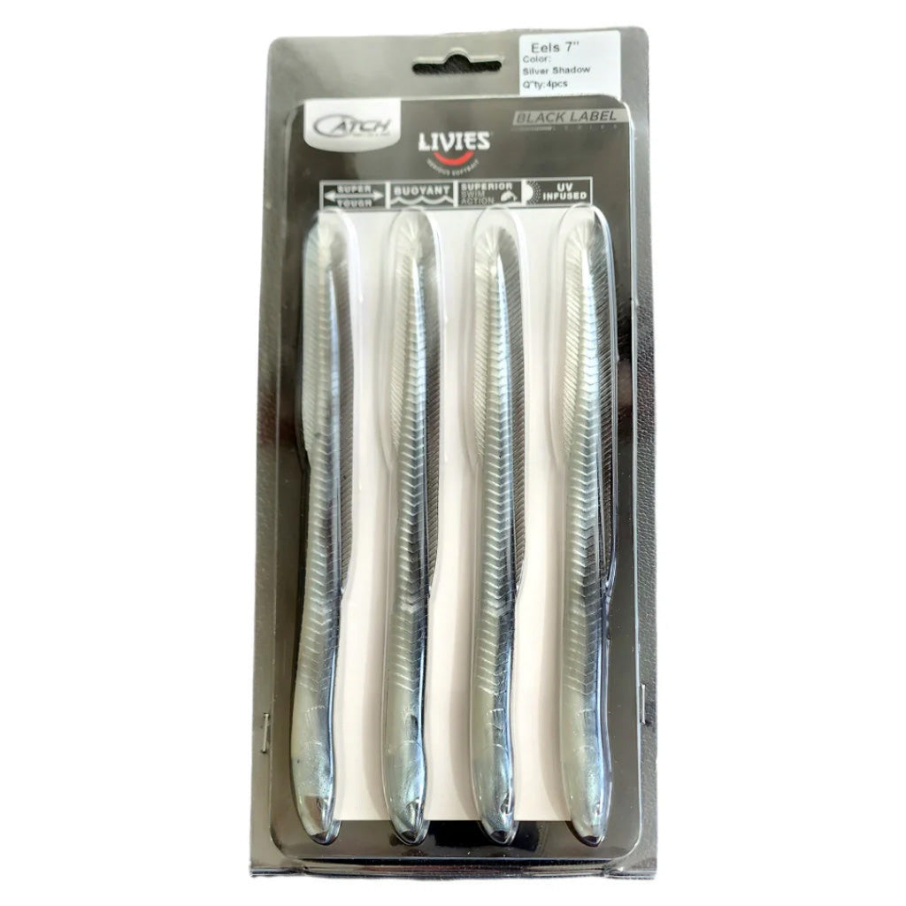 Catch Black Label Livies Eels Silver Shadow 7 inch softbait 4 pack