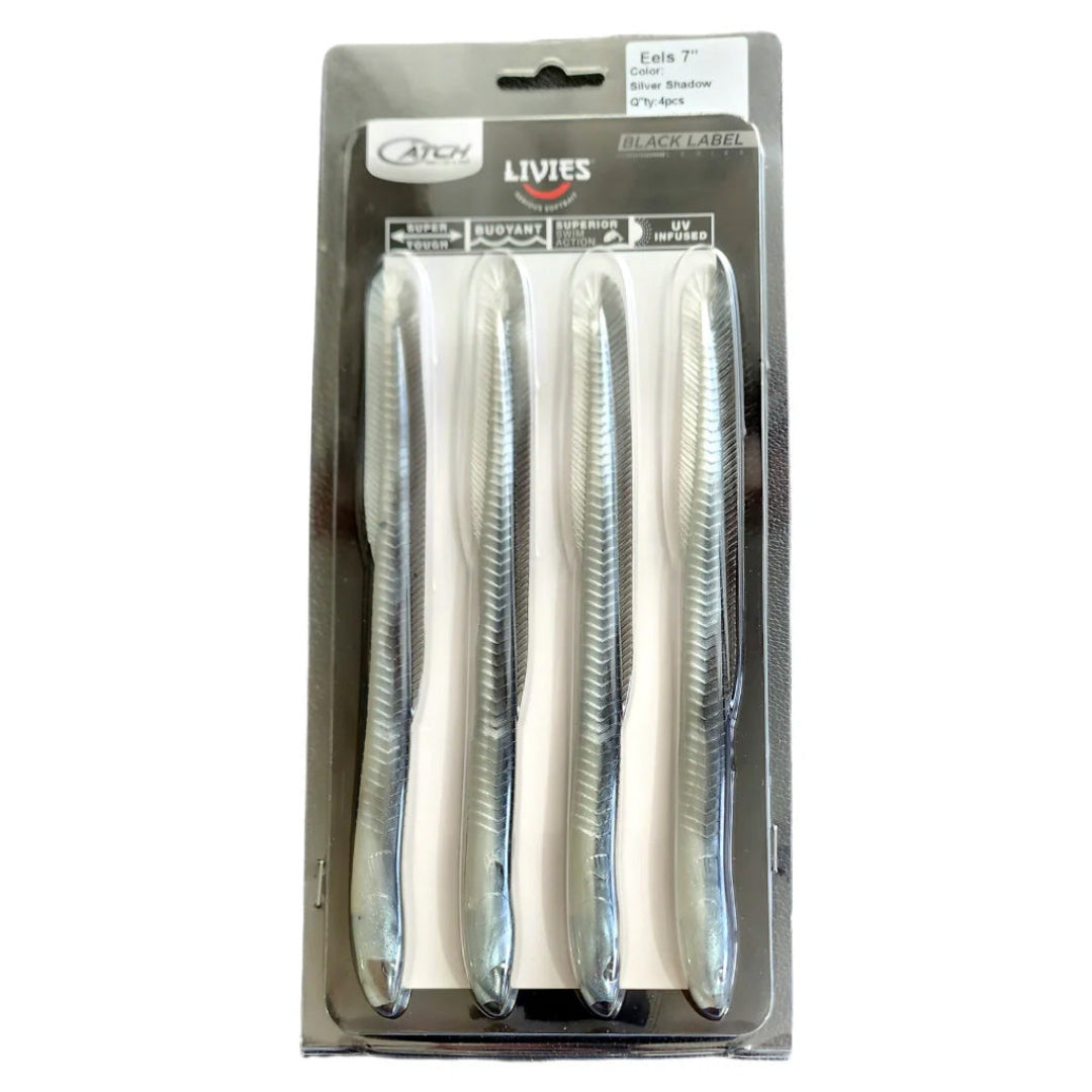Catch Black Label Livies Eels Silver Shadow 7 inch softbait 4 pack