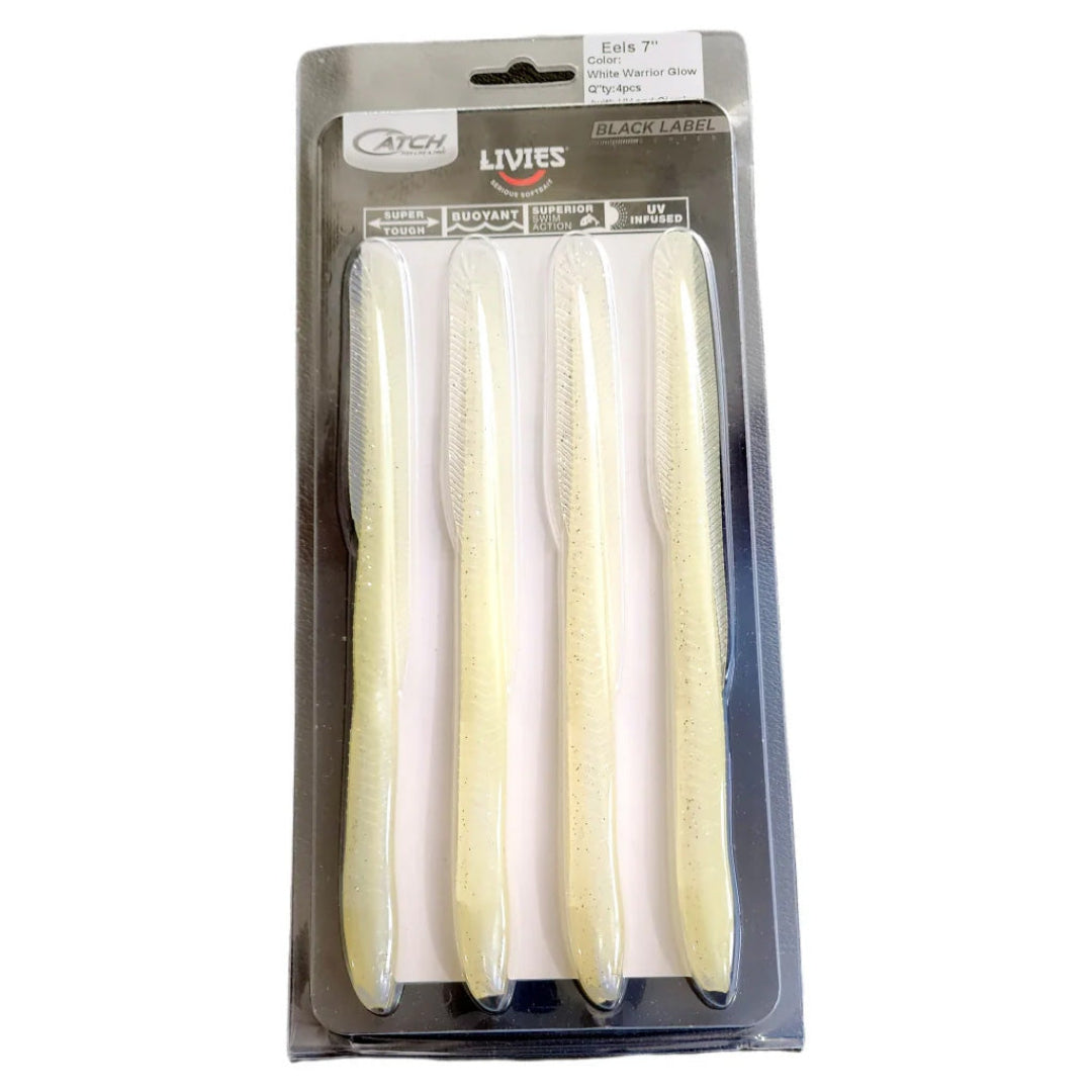 Catch Black Label Livies Eels White Warrior 7 inch softbait 4 pack