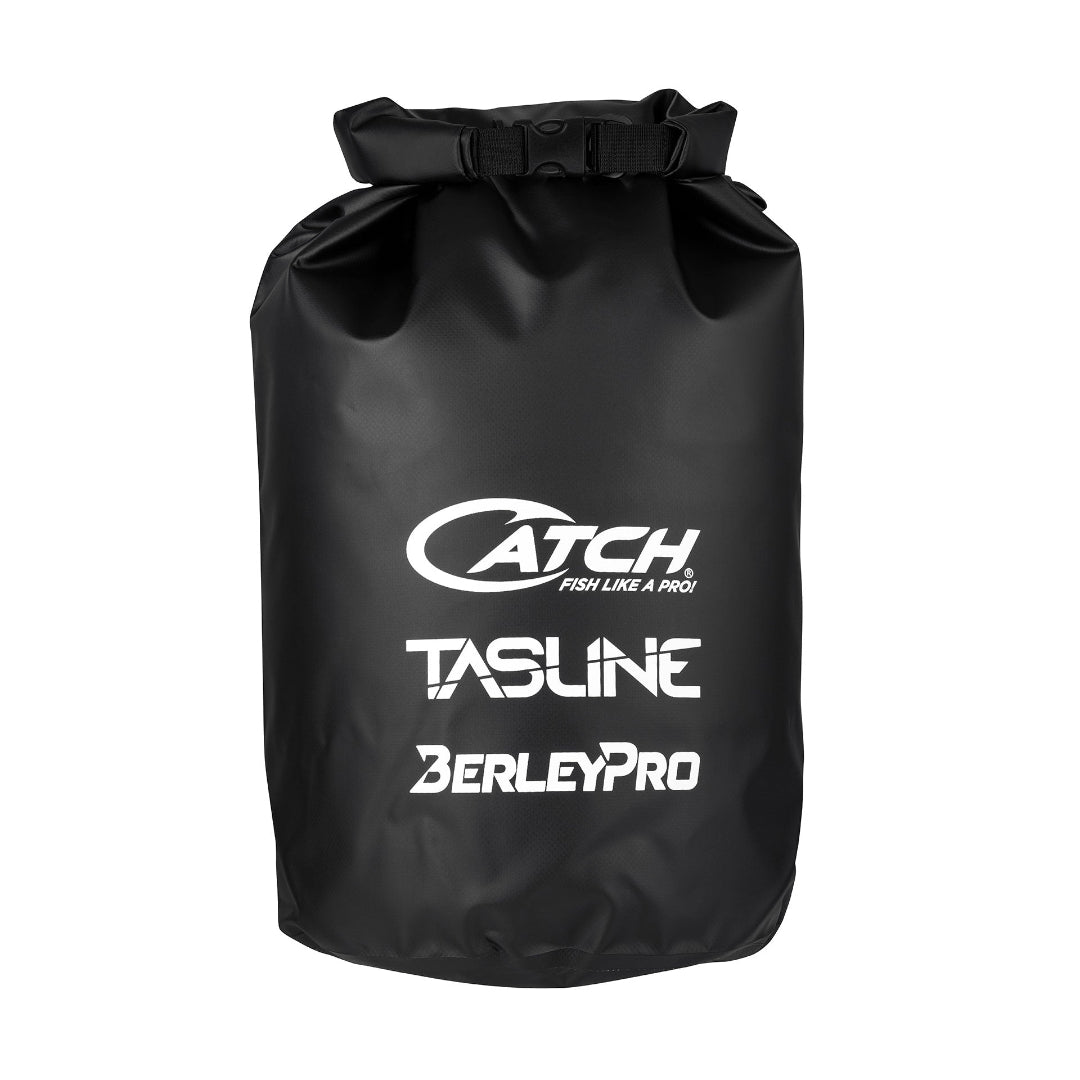 Black dry bag with visible branding on a white background