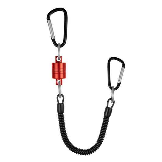 Keychain with carabiner and spring-loaded extension on a white background