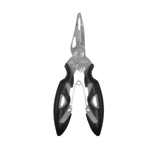 Fishing pliers with black and silver design on a white background