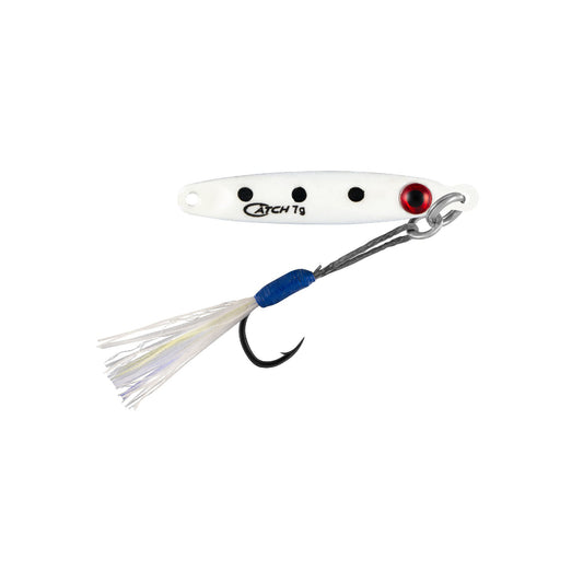 Fishing lure with a white body, red eye, and blue 