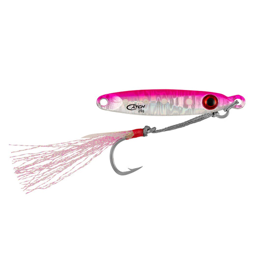 Fishing lure with pink and silver body and red eye on a white background