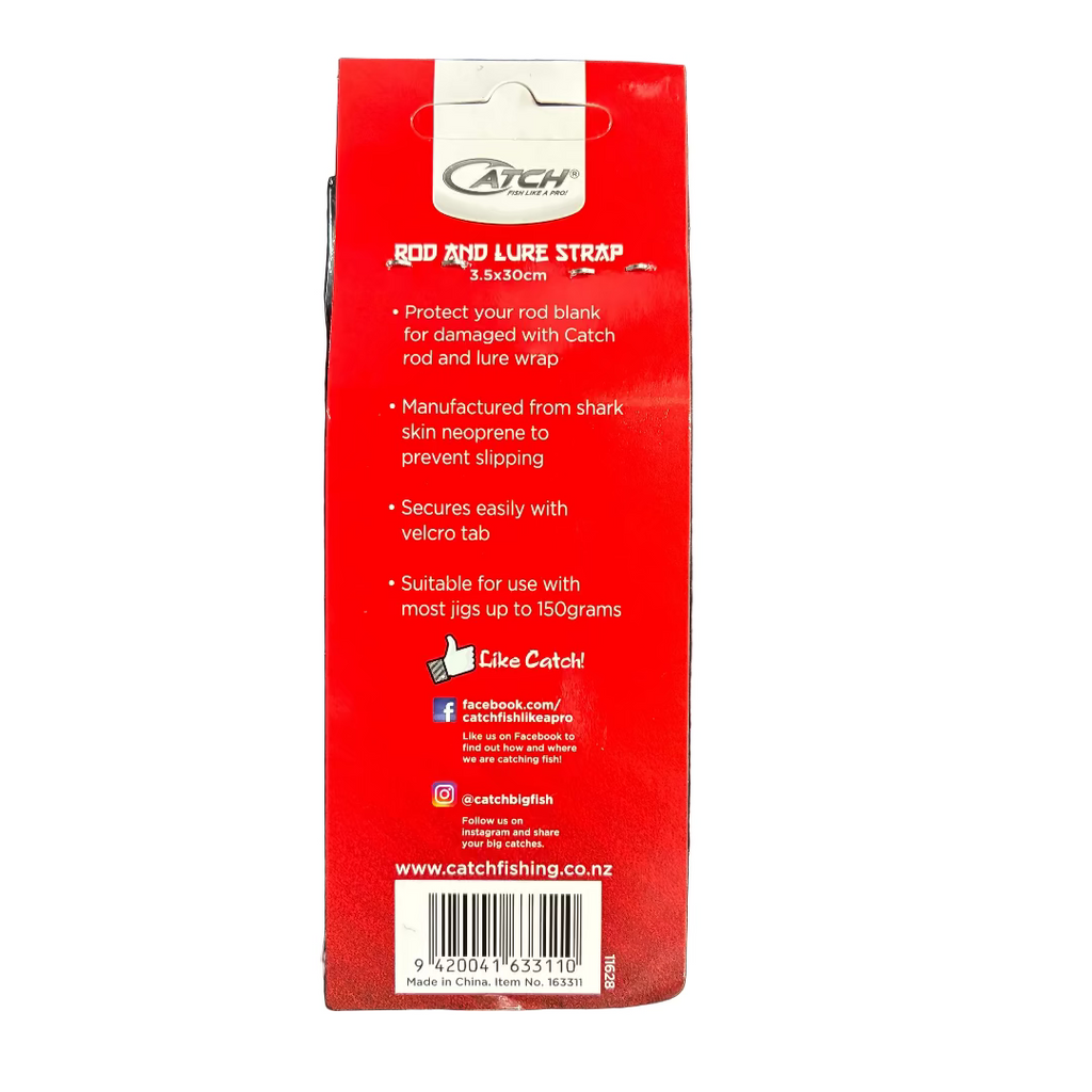 Red packaging strip for a rod and lure strap on a dark surface