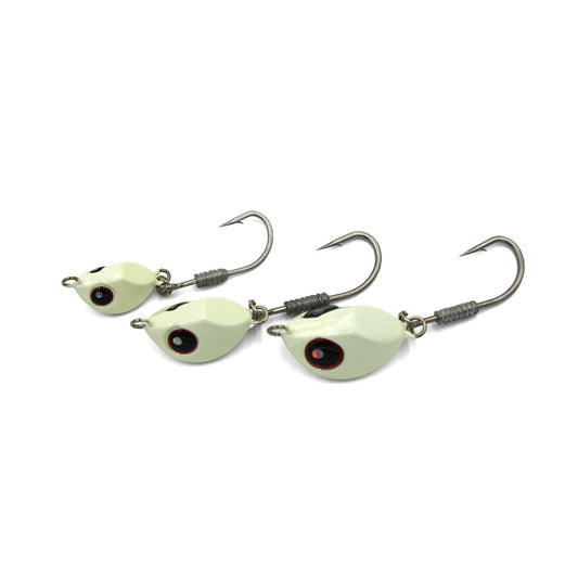 Three fishing lures with eye design on a white background