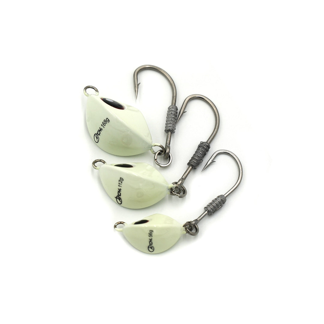 Three fishing lures with hooks on a white background