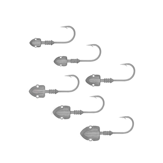 Set of six gray fishing jigs with treble hooks on a white background