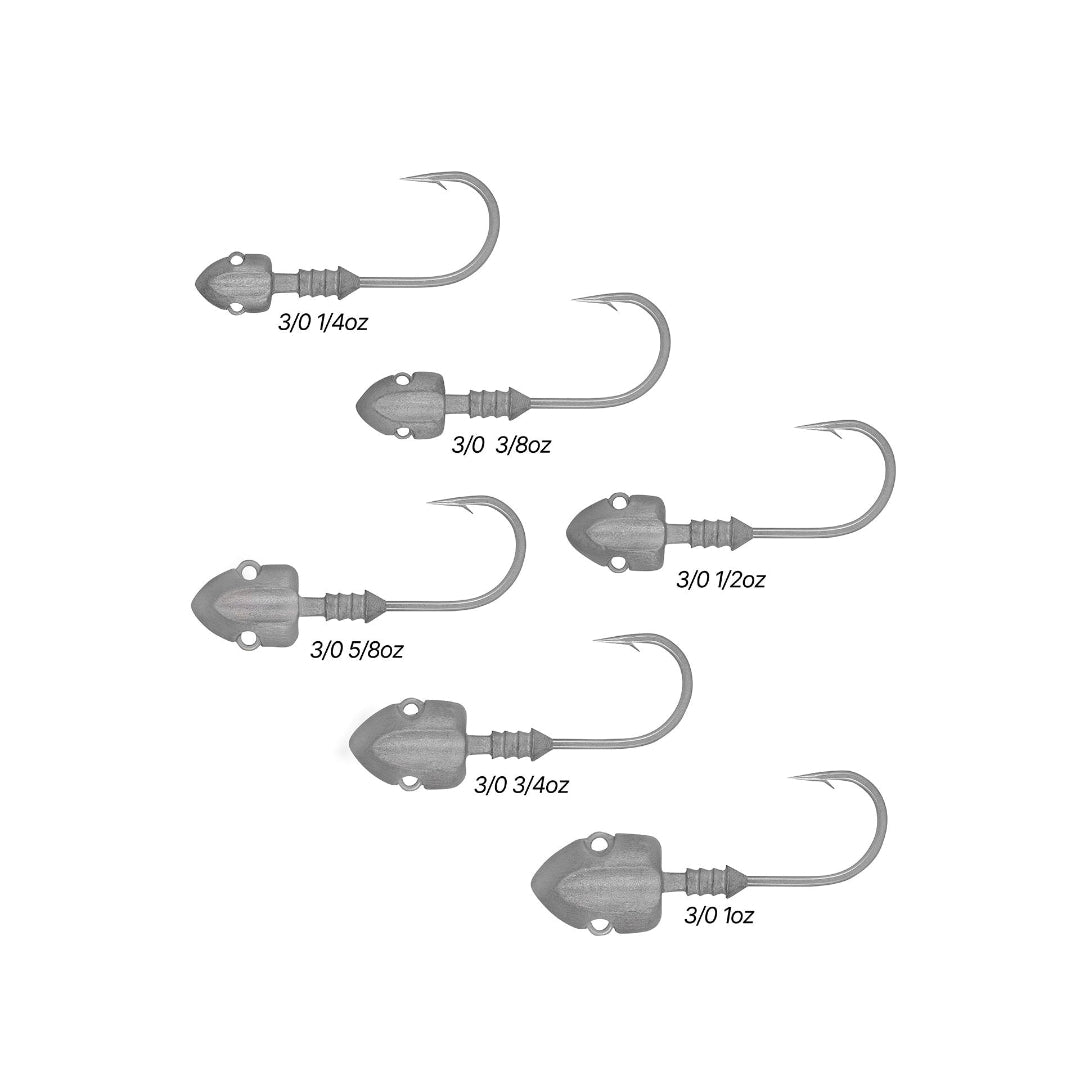 Set of fishing hooks with varying weights on a white background
