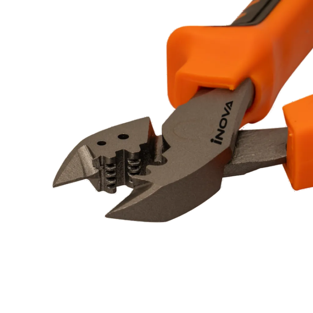 Pair of pliers with orange handle and 'Inova' branding on a white background
