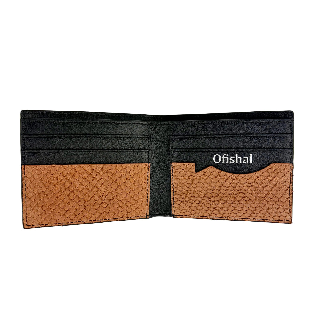Open wallet with brown leather and black interior, featuring 'Ofishal' branding.